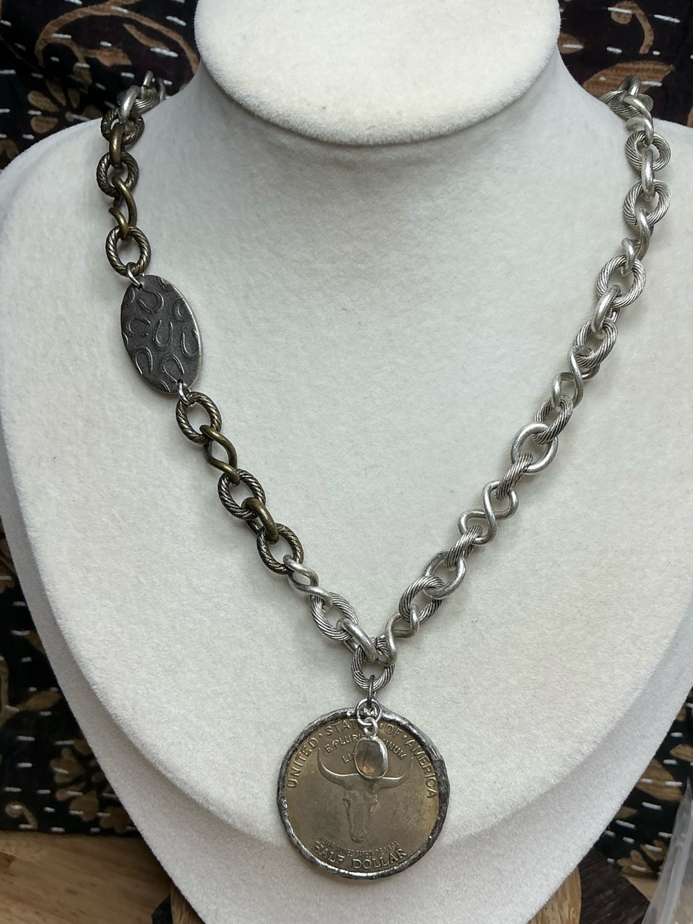 Antique Silver Chain 17” with Old Spanish Trail Coin and Moonstone Charms